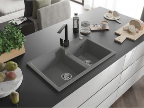 Mexen Tomas, granitový drez 800x500x190 mm, 2-komorový a čierna batéria Rita, šedá, 6516-71-670300-70