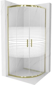 Mexen Rio, štvrťkruhový sprchovací kút s posuvnými dverami 90(dvere) x 90(dvere) x 190 cm, 6mm číre sklo s pásikmi, zlatý lesklý profil, 863-090-090-50-20
