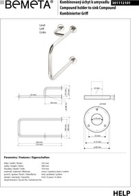 Bemeta Design HELP: Madlo, s dvojitým kotvením, k umývadlu, ľavé, s krytkou, lesk - 301112101