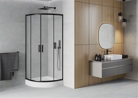 Mexen Rio, štvrťkruhový sprchovací kút s posuvnými dverami 80 (dvere) x 80 (dvere) x 190 cm, 5mm sklo námraza, čierny profil + biela sprchová vanička RIO, 863-080-080-70-30-4710