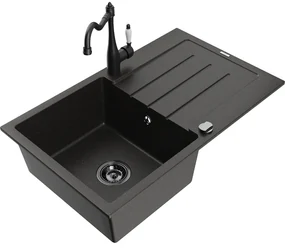 Mexen Bruno, granitový drez 795x495x200 mm, 1-komorový a drezová batéria Carla, čierna-zlatá metalíza, 6513-75-670700-70-B