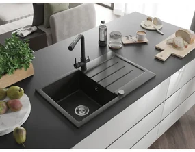 Mexen Bruno, 1-komorový granitový drez s odkvapkávačom 795x495x200 mm a čierna batéria Duero, čierna-zlatá metalíza, 6513-75-671600-70