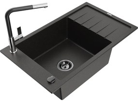 Mexen Elias, 1-komorový granitový drez 795x480x200 mm a drezová batéria Flora, čierna-zlatá metalíza, 6511-75-670401-07-B
