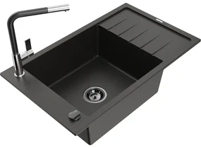 Mexen Elias, 1-komorový granitový drez 795x480x200 mm a drezová batéria Flora, čierna-zlatá metalíza, 6511-75-670401-07-B