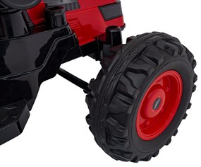 Červený detský elektrický traktorový bager 12V s diaľkovým ovládaním, pohyblivým ramenom a FM rádiom