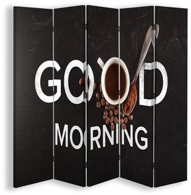Ozdobný paraván Dobré ráno, káva - 180x170 cm, päťdielny, obojstranný paraván 360°