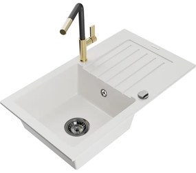 Mexen Pablo, 1-komorový granitový drez 752x436x161 mm a drezová batéria Flora, biela, 6510-20-670401-57-B