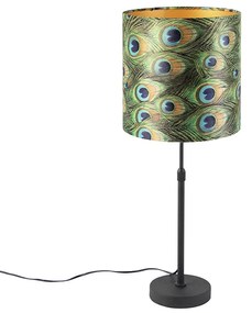 Stolová lampa čierna s velúrovým odtieňom páv so zlatom 25 cm - Parte