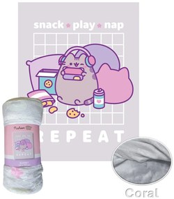 Coral fleece deka mačička Pusheen - motív Snack ★ Play ★ Nap &amp; Repeat - 130x170 cm