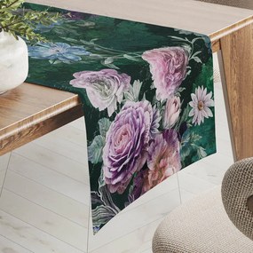 Biante Dekoračný behúň na stôl Parma PM-114 Fialové kvety na tmavo zelenom 20x120 cm