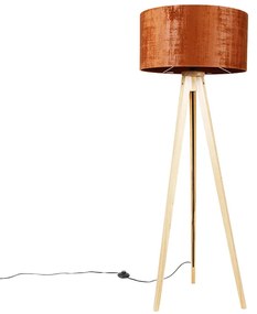 Stojaca lampa drevená s oranžovým textilným tienidlom 50 cm - Tripod Classic