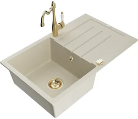 Mexen Bruno, granitový drez 795x495x200 mm, 1-komorový a drezová batéria Carla, béžová, 6513-69-670700-50