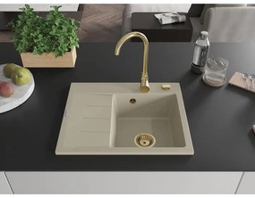 Mexen Ben, 1-komorový granitový drez 600x500x190 mm, pravý + zlatý sifón, béžová, 6523605000-69-G