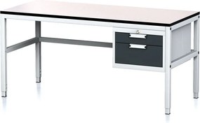 Nastaviteľný dielenský stôl MECHANIC II, 2 zásuvkový box na náradie, 1600x700x745-985 mm, sivá/grafit