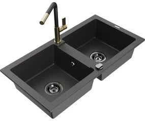 Mexen Mario, 2-komorový granitový drez 820x436x161 mm a drezová batéria Flora, čierna škvrnitá, 6504-76-670401-57-B