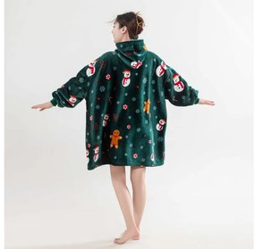 Baránková mikinová deka s rukávmi a kapucňou SNOWMAN AND GINGERBREAD, zelená