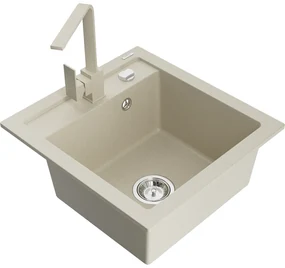 Mexen Vito, 1-komorový granitový drez 520x490x210 mm, béžová batéria Rita, béžová, 6503-69-670300-69