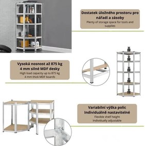 Kovový rohový regál 180x70x40-70 cm, 5 políc, nosnosť 875 kg