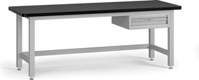 Pracovný stôl do dielne G4 so závesným boxom na náradie, MDF + PVC doska, 1 zásuvka, 2100 x 750 x 800 mm, sivá