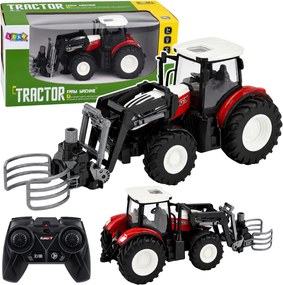 LEAN Toys Poľnohospodársky traktor s držiakom na balíky, diaľkovo ovládaný RC, červený, mierka 1:24