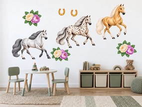 Tri kone v kluse s pivonkami romantické koňské nálepky na stenu arch 46 x 34 cm