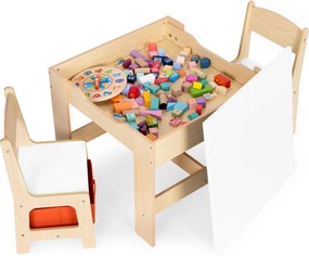 Detský set nábytku ECOTOYS – stôl s kriedovou tabuľou + 2 stoličky a úložný priestor