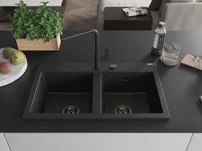 Mexen Hektor, 2-komorový granitový drez 800x480x205 mm, čierna-zlatá metalíza, grafitový sifón, 6521802000-75-B