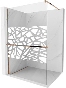 Mexen Kioto, sprchová zástena s poličkou a držiakom na uteráky 110 x 200 cm, 8mm číre sklo s bielym vzorom, profil ružové zlato, 800-110-121-60-85