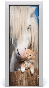 Samolepiace fototapety na dvere Biely kôň s mačkou 85x205 cm