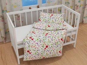Biante Detské bavlnené posteľné obliečky do postieľky Sandra SA-608 Červeno-fialové lúčne kvety s motýlikmi a čmeliakmi na bielom Do postieľky 100x135 a 40x60 cm
