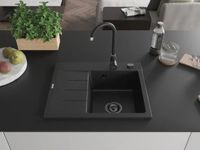 Mexen Ben, 1-komorový granitový drez 600x500x190 mm, pravý + čierny sifón, čierna-strieborná metalíza, 6523605000-73-B