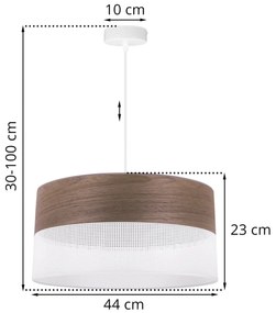 Závesné svietidlo Wood, 1x hnedá orechová dýha/biele PVC tienidlo, (fi 44cm)