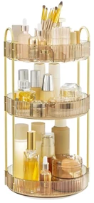 Organizér na make-up, 3-úrovňový okrúhly otočný organizér na starostlivosť o pleť, šampanská zlatá