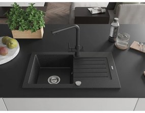 Mexen Pablo, granitový drez 752x436x161 mm, 1-komorový a čierna batéria Duero, čierna - strieborná metalíza, 6510-73-671600-70