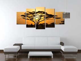 Gario Obraz s hodinami Akácia v Serengeti - 5 dielny Rozmery: 150 x 70 cm