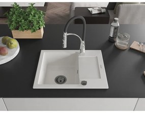 Mexen Enzo, 1-komorový granitový drez 576x465x174 mm a drezová batéria Aster, biela, 6506-20-73450-07-B