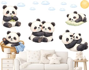 Roztomilé pandy textilní prelepiteľné nálepky na stenu hárok 46 x 37 cm