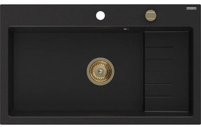 Mexen Omar, 1-komorový granitový drez 800x480x210 mm, čierna, zlatý sifón, 6520801005-77-G