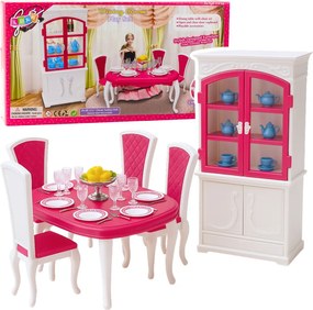LEAN Toys Jedálenská súprava pre bábiky: stôl, stoličky, skrinka na riad