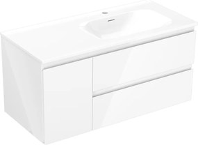 Mexen Orio, kúpeľňová skrinka 100 cm s pravým umývadlom Vela, 2S, 1D, biela lesklá, 91A13-10047-3-BBFFF00-W23P00
