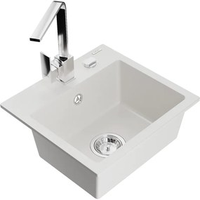 Mexen Milo, 1-komorový granitový drez 435x410x171 mm a chrómová batéria Rita, biela, 6505-20-670300-00