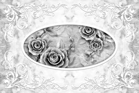 Samolepiaca tapeta čiernobiele ruže s ornamentom vo vintage štýle