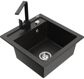 Mexen Vito, 1-komorový granitový drez 520x490x210 mm, čierna batéria Rita, čierna-zlatá metalíza, 6503-75-670300-70