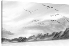 Obraz prelet vtákov ponad krajinku v čiernobielom prevedení - 120x80