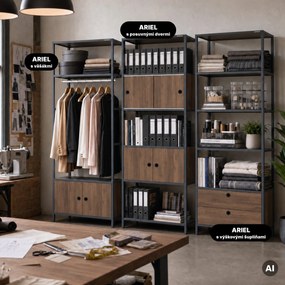 Regál na šanóny s uzamykateľnou skrinkou, kancelársky, otvorené police, kovový antracitový/orech, 800x2200x400 mm: ARIEL Eco Design