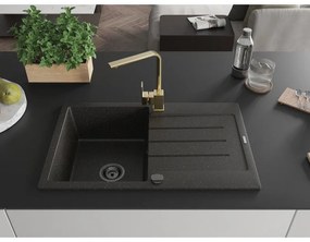 Mexen Bruno, drez granitový 795x495x200 mm, 1-komorový, čierna-zlatá metalíza s čiernym sifónom a čierna drezová batéria Rita, 6513-75-670300-50-B