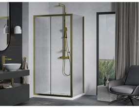 Mexen Apia, sprchový kút s posuvnými dverami 110 (dvere) x 70 (stena) cm, 6mm číre sklo, zlatý profil + biela sprchová vanička SLIM, 840-110-070-50-00-4010G
