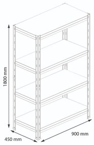 Bezskrutkový kovový regál RIVET, 180x90x45 cm, 4x HDF polica, zinok