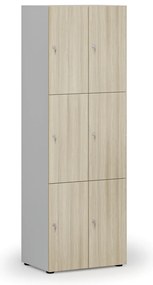 Drevená šatníková skrinka s úložnými boxmi, 6 boxov, cylindrický zámok, sivá/dub prírodný