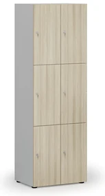 Drevená šatníková skrinka s úložnými boxmi, 6 boxov, cylindrický zámok, sivá/dub prírodný